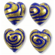 2 Murano Glass Gold Foiled Cantare Cobalt 14mm Heart Beads