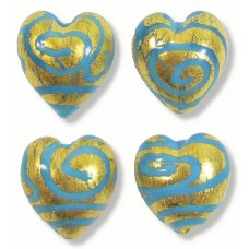 2 Murano Glass Gold Foiled Cantare Turquoise 14mm Heart Beads