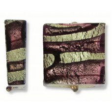 2 Murano Glass Dark Amethyst & Black Lines 15mm Square White Gold Foiled Beads