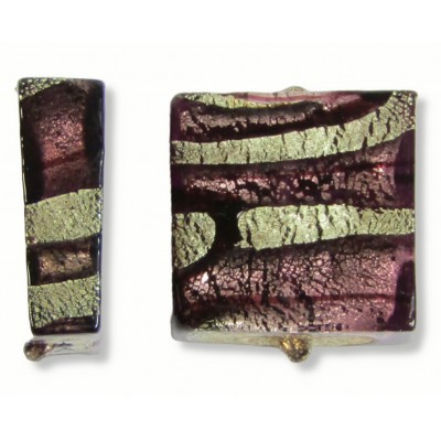 2 Murano Glass Dark Amethyst & Black Lines 15mm Square White Gold Foiled Beads