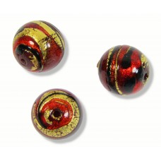 1 Murano Glass Dark Ruby Red & Black Lines Gold Foiled 12mm Round Bead