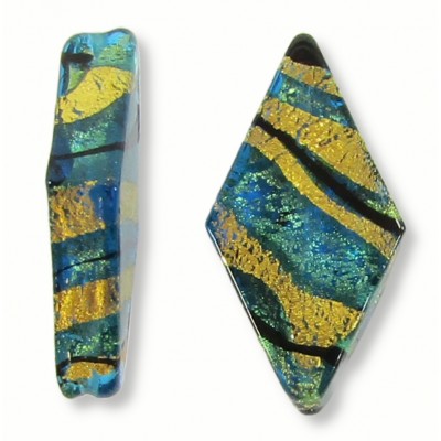 1 Murano Glass Kingfisher Green & Black Lines 30mm Rhombus Gold Foiled Bead