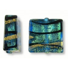 2 Murano Glass Kingfisher Green & Black Lines 15mm Square Gold Foiled Beads