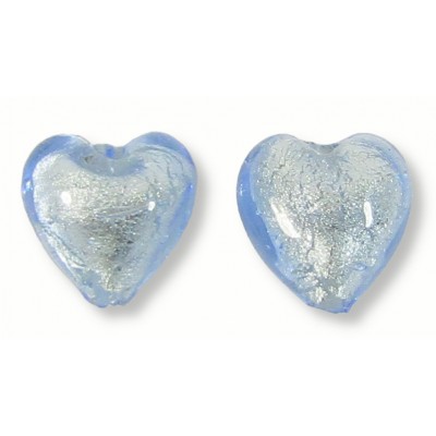 2 Murano Glass Light Sapphire White Gold Foiled 10mm Heart Beads
