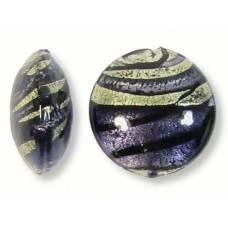 1 Murano Glass Purple Velvet & Black Lines White Gold Foiled 26mm Lentil Bead