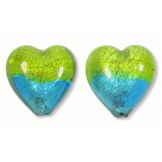 2 Murano Glass Bicolour Lime and Dark Aqua White Gold Foiled 14mm Heart Beads