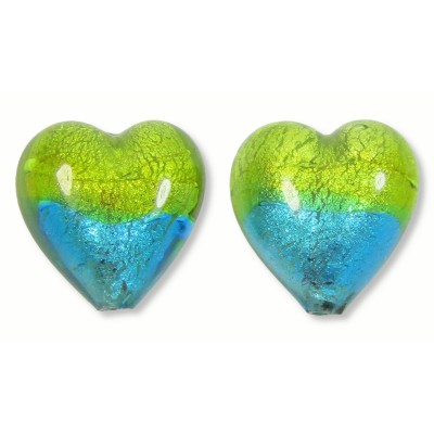 2 Murano Glass Bicolour Lime and Dark Aqua White Gold Foiled 14mm Heart Beads