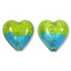 2 Murano Glass Bicolour Lime and Dark Aqua White Gold Foiled 14mm Heart Beads