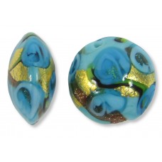 1 Murano Glass Amore Aquamarine Goldfoil & Aventurine 14mm Lentil Bead
