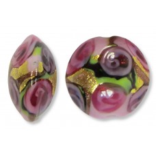1 Murano Glass Amore Rose and Amethyst Goldfoil & Aventurine 14mm Lentil Bead