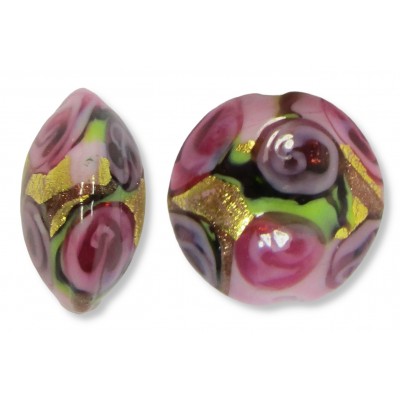 1 Murano Glass Amore Rose and Amethyst Goldfoil & Aventurine 14mm Lentil Bead