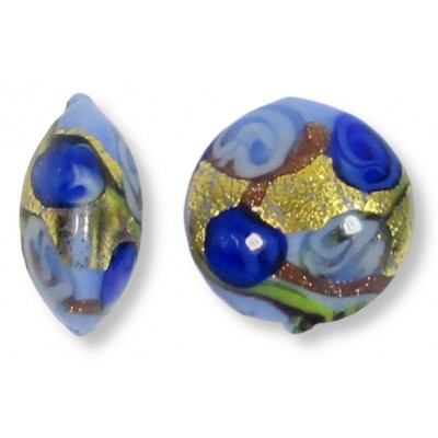 1 Murano Glass Amore Aquamarine and Sapphire Goldfoil & Aventurine 14mm Lentil