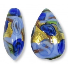 1 Murano Glass Amore Aquamarine and Sapphire Goldfoil & Aventurine 20mm Pear Drop