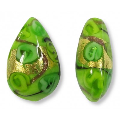 1 Murano Glass Amore Lime Goldfoil & Aventurine 20mm Puffy Drop