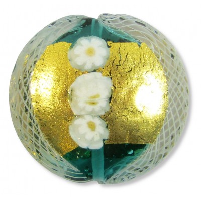 1 Murano Glass Verde Marino Green Latticino & Millefoire Goldfoil 36mm Lentil Bead