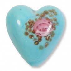 1 Murano Glass Pastel Light Turquoise with Aventurine & Rose Flower 20mm Heart Bead 1 Murano Glass Pastel Light Turquoise with Aventurine & Rose Flower 20mm Heart Bead