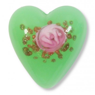 1 Murano Glass Opal Nile Green with Aventurine & Rose Flower 20mm Heart Bead 1 Murano Glass Opal Nile Green with Aventurine & Rose Flower 20mm Heart Bead