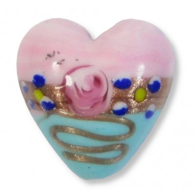 1 Murano Glass Pink & Turquoise Flower and Aventurine 20mm Heart Bead