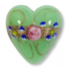 1 Murano Glass Opal Nile Green with Flower and Aventurine 20mm Heart Bead 1 Murano Glass Opal Nile Green with Flower and Aventurine 20mm Heart Bead