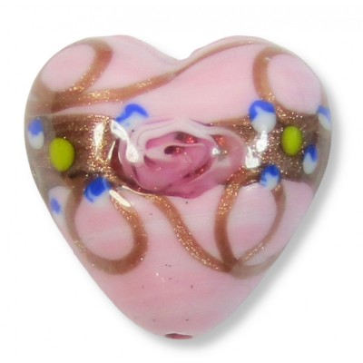 1 Murano Glass Pastel Pink with Flower and Aventurine 20mm Heart Bead