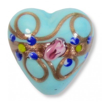1 Murano Glass Pastel Turquoise Blue with Flower and Aventurine 20mm Heart Bead