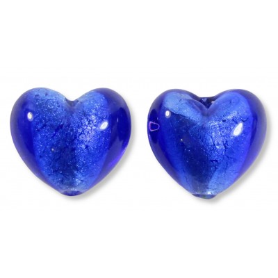 2 Murano Glass Dark Sapphire Silver Foiled 14mm Heart Beads