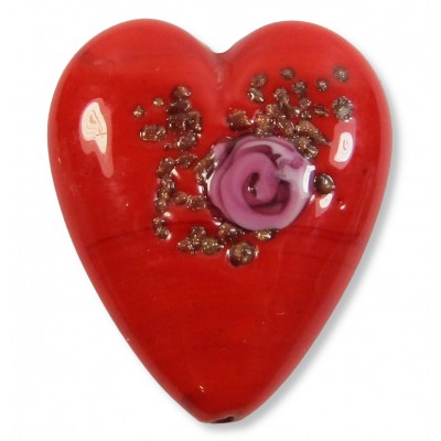 1 Murano Glass Rosso Red with Rose Flower and Aventurine 35mm Flat Heart Bead