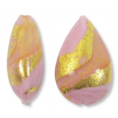 1 Murano Glass Blush and Rose Ripple  Gold Foiled 20mm Pear Drop