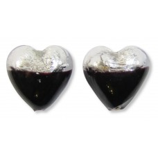 2 Murano Glass Silver Foiled Bicolour 12mm Heart Beads Black & Clear 2 Murano Glass Silver Foiled Bicolour 12mm Heart Beads Black & Clear