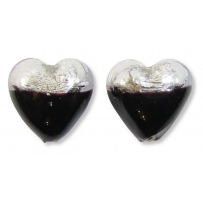 2 Murano Glass Silver Foiled Bicolour 12mm Heart Beads Black & Clear