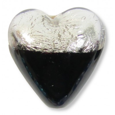 1 Murano Glass Silver Foiled Bicolour 20mm Heart Bead Black & Clear 1 Murano Glass Silver Foiled Bicolour 20mm Heart Bead Black & Clear