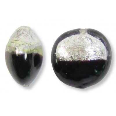 1 Murano Glass Silver Foiled Bicolour 14mm Lentil Bead Black & Clear
