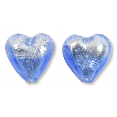 2 Murano Glass Silver Foiled Bicolour 12mm Heart Beads Light & Dark Sapphire