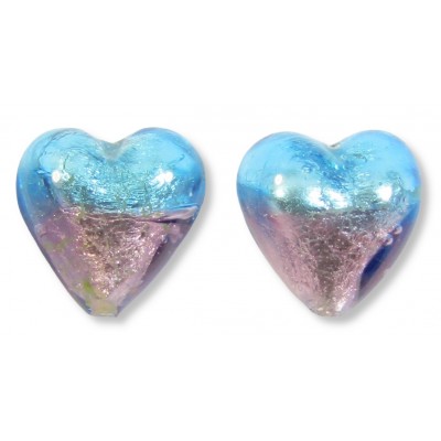 2 Murano Glass Silver Foiled Bicolour 12mm Heart Beads Mid Aqua & Light Amethyst