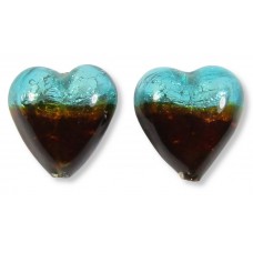 2 Murano Glass Silver Foiled Bicolour 12mm Heart Beads Verde Marino & Dark Topaz 2 Murano Glass Silver Foiled Bicolour 12mm Heart Beads Verde Marino & Dark Topaz
