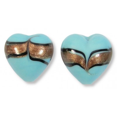 2 Murano Glass Pastel Turquoise with Aventurine Ricciola 12mm Heart Beads