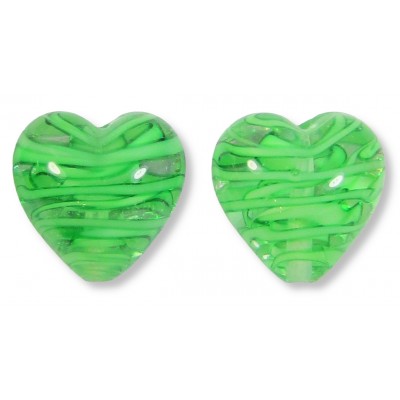 2 Murano Glass Filigrine Green 12mm Heart Beads 2 Murano Glass Filigrine Green 12mm Heart Beads
