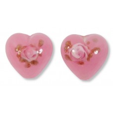 2 Murano Glass Opal Nile Pink with Aventurine & Rose Flower 12mm Heart Beads