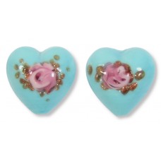 2 Murano Glass Opal Light Turquoise with Aventurine & Rose Flower 12mm Heart Beads 2 Murano Glass Opal Light Turquoise with Aventurine & Rose Flower 12mm Heart Beads