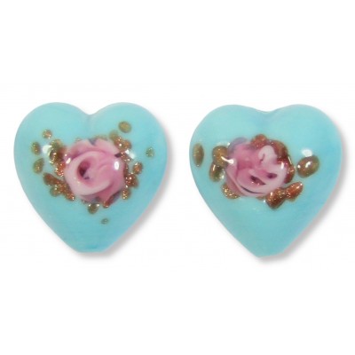 2 Murano Glass Opal Light Turquoise with Aventurine & Rose Flower 12mm Heart Beads