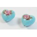 2 Murano Glass Opal Light Turquoise with Aventurine & Rose Flower 12mm Heart Beads