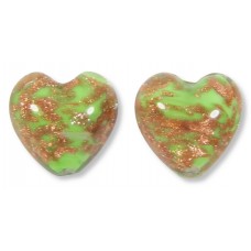 2 Murano Glass Pastel Nile Green with Aventurine 12mm Heart Beads