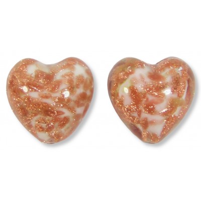 2 Murano Glass Pastel Pink with Aventurine 12mm Heart Beads