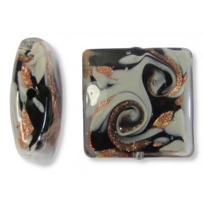 1 Murano Glass Black, Grey & Aventurine 20mm Puffed Square Spangle Bead