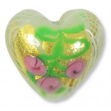1 Murano Glass Gold Foiled White Latticino Millefiore with Green 20mm Heart Bead 1 Murano Glass Gold Foiled White Latticino Millefiore with Green 20mm Heart Bead