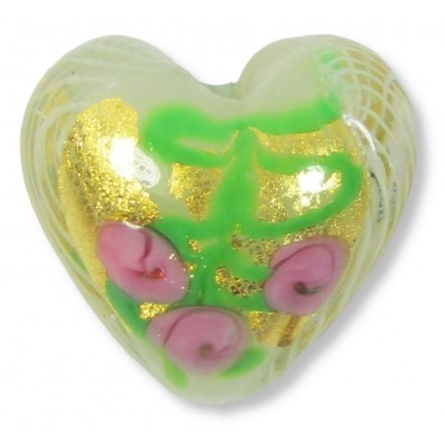 1 Murano Glass Gold Foiled White Latticino Millefiore with Green 20mm Heart Bead