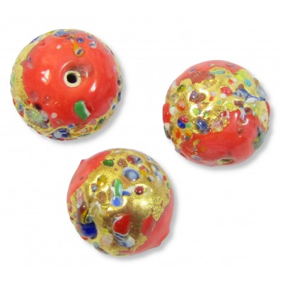 1 Murano Glass Gold Foiled Red with Multicolours 14mm Round Bead