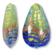 1 Murano Glass Gold Foiled Sapphire & Aquamarine Stripes with Aventurine 20mm Pear Drop Bead