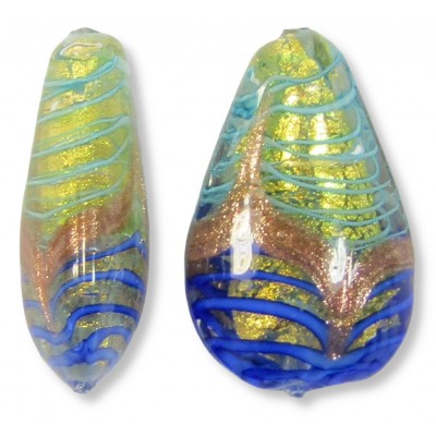 1 Murano Glass Gold Foiled Sapphire & Aquamarine Stripes with Aventurine 20mm Pear Drop Bead