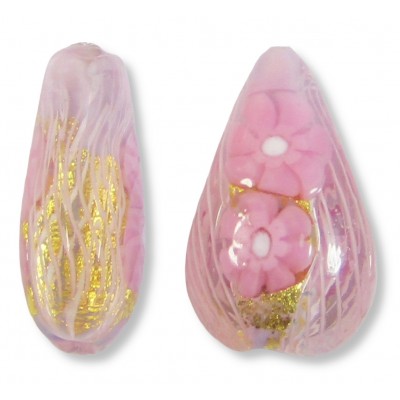 1 Murano Glass Gold Foiled Latticino Millefiore Rose 20mm Pear Drop Bead 1 Murano Glass Gold Foiled Latticino Millefiore Rose 20mm Pear Drop Bead